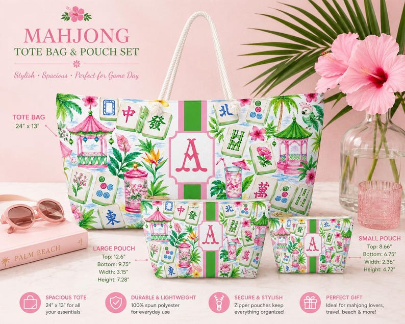 May include: A Mahjong tote bag and pouch set with a floral and pagoda design. The tote bag is 61cm x 33cm, and the set includes a large and small pouch. The set features a white rope handle and a pink and green colour scheme.