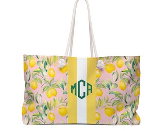Monogram Tote Bag: Lemons and Stripes, Custom Preppy Tote Bag, Monogram Beach Bag, Summer Tote Personalized Beach Tote