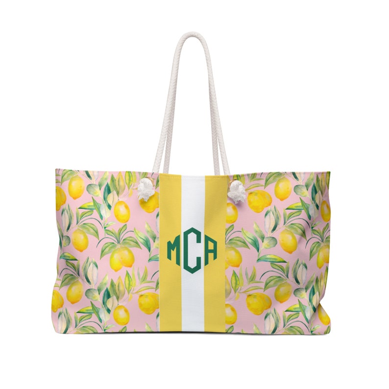 custom preppy beach tote with lemon print and pink background and preppy stripe with diamond monogram