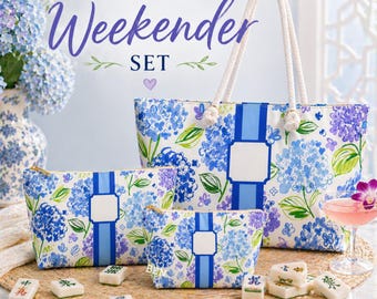 Personalized Hydrangea Weekender Bag, Mahjong Travel Tote, Monogram Summer Overnight Bag, Blue Floral Mahjong Gift, Matching Mahjong Set
