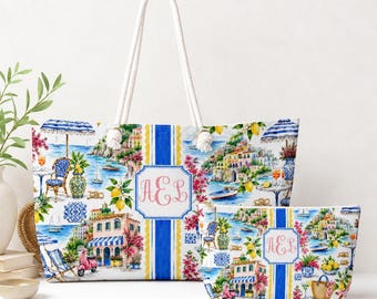 Personalized Amalfi Coast Tote Bag, Custom Monogram Beach Bag, Limoncello Coastal Weekender Tote, Mediterranean Travel Bag, Custom Gifts