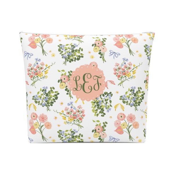 Nœuds personnalisés et trousse à maquillage florale, trousse de maquillage personnalisée, équipement de voyage assorti, cadeaux personnalisés pour elle, trousse de toilette à monogramme preppy