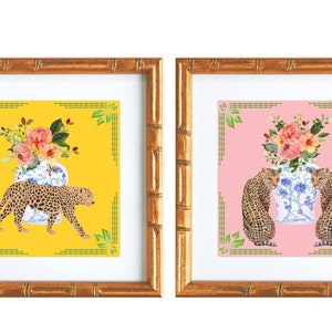 Set of 2 Art Prints Chinoiserie Style, Ginger Jar with Leopards and Floral Art with Pink & Yellow Background, Grand Millennial Square Art