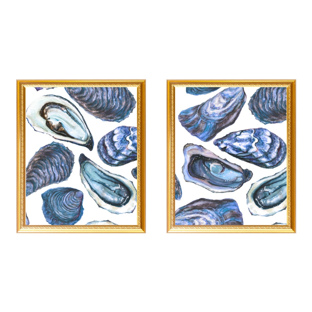 Blue Oyster Set of 2 Prints Beach House Wall Art Coastal Etsy