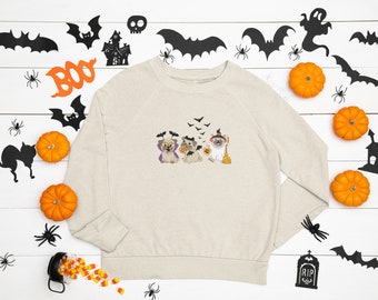 Trick or Treat Halloween Pugs Sweatshirt Halloween Sweater Ghost Pullover Halloween Ghost Dog Shirt 2023 Happy Halloween Retro Spooky Season