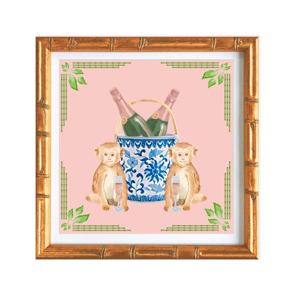 Chinoiserie Champagne Monkeys Print, Monkeys Drinking Sparkling Wine with Pink Background Art Print