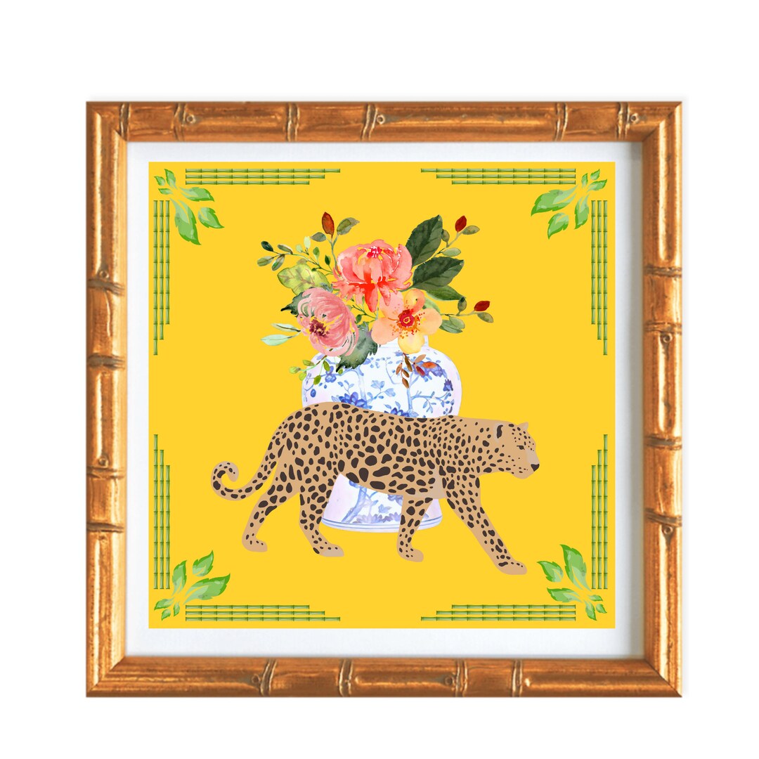 Chinoiserie Style Art Print, Ginger Jar With Leopard and Floral Art