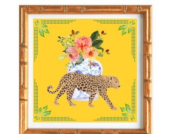 Stampa artistica in stile cineseria, vaso di zenzero con leopardo e arte floreale con sfondo giallo, grande arte quadrata millenaria