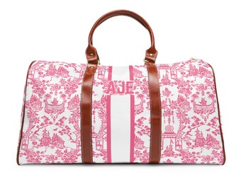 Monogram Weekender Duffle Bag Personalized Bridesmaid Gift, Custom Monogrammed Overnight Bag Pink Chinoiserie Sleepover Carry On Bag Gift