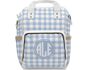 Custom Blue and White Buffalo Plaid Multifunctional Diaper Backpack, Blue Gingham Baby Shower Gift, Personalized Diaper Bag for Boy Mom