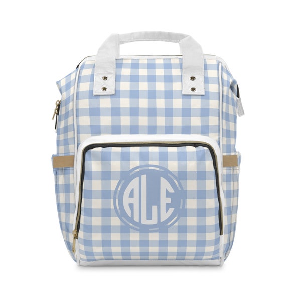 Custom Blue and White Buffalo Plaid Multifunctional Diaper Backpack, Blue Gingham Baby Shower Gift, Personalized Diaper Bag for Boy Mom