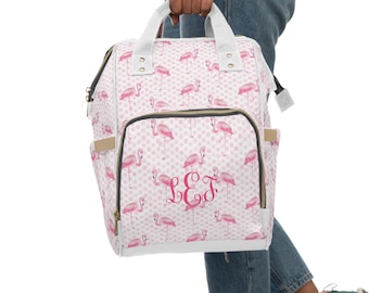 Custom Flamingo Monogram Multifunctional Diaper Backpack, Preppy Diaper Bag, Custom Baby Shower Gift, Personalized Diaper Bag, Baby Girl Bag