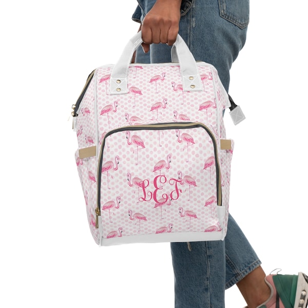 Custom Flamingo Monogram Multifunctional Diaper Backpack, Preppy Diaper Bag, Custom Baby Shower Gift, Personalized Diaper Bag, Baby Girl Bag