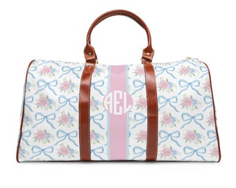 Custom Floral Duffle Bag Preppy Girls Travel Bag Hydrangea and Bows Overnight Bag Girls Weekender Bag Kids Sleepover Bag Custom Bag for Her
