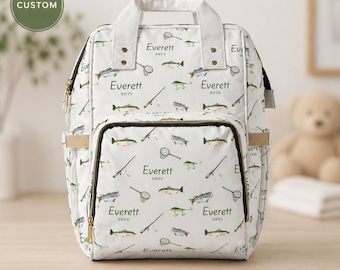 Mochila cambiador personalizada con diseño de pesca para niños, bolso para bebé con nombre personalizado, bolso de viaje para niños pequeños con estampado de señuelos de pesca, regalo para baby shower al aire libre