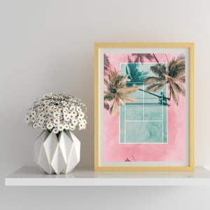 Tennis Art Watercolor Style Tennis Court with Tropical Trees Pink Tennis Court Art Tennis Themed Bedroom Art for Girls Room Tennis Decor