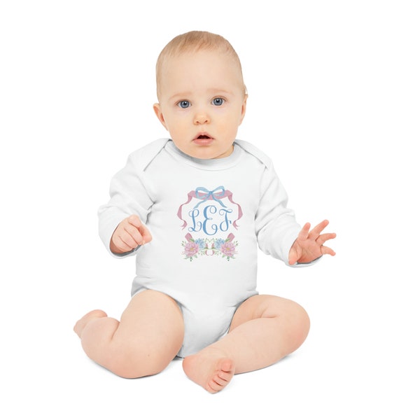 Kundenspezifischer Monogramm-Strampler für Baby-langärmeliger Bio-Body mit benutzerdefiniertem Monogramm in Schrift-Blumenwappen-preppy Baby-Geschenk-Babypartygeschenk