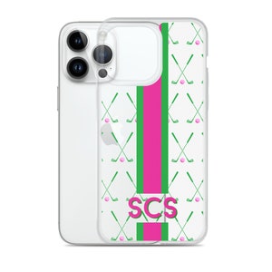Aangepaste Golf Telefoon Case Monogram Golf Cadeau Aangepaste Gift voor Golfer Golfclubs en Strepen op Clear Case voor iPhone®