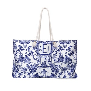 Custom Blue and White Preppy Weekender Bag, Large Monogram Beach Bag Chinoiserie Fabric Print, Blue Pagoda Grand Millennial Style Beach Tote