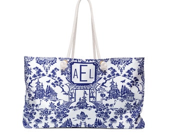 Custom Blue and White Preppy Weekender Bag, Large Monogram Beach Bag Chinoiserie Fabric Print, Blue Pagoda Grand Millennial Style Beach Tote