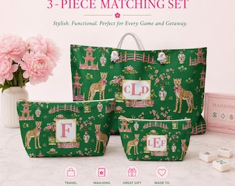 Matching Chinoiserie Monogrammed Mahjong Tile Bag Set, Custom Mahj Pouch for Travel, Initial Mahjong Accessories, Mahjong Gift for Her