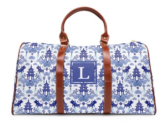 Monogramm Weekender Duffle Bag, personalisiertes Brautjungferngeschenk, benutzerdefinierte Monogramm Übernachtungstasche, Chinoiserie Sleepover Bag Carry On Travel Bag