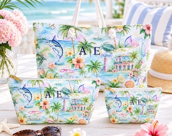 Personalized Palm Beach Weekender Tote, Custom Monogram Coastal Beach Bag, Tropical Travel Tote, Summer Vacation Bag, Gift for Her