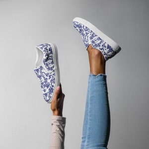Blue and White Chinoiserie Slip On Sneaker, Grand Millennial Design, Fun Cute Sneakers for Her, Blue Pagoda