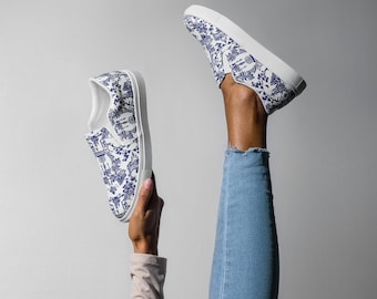 Blue and White Chinoiserie Slip On Sneaker, Grand Millennial Design, Fun Cute Sneakers for Her, Blue Pagoda