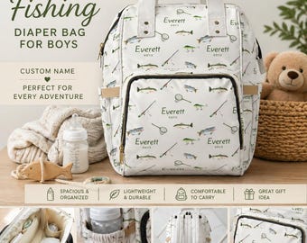 Aangepaste luiertas vissen rugzak voor jongens, gepersonaliseerde naam babytas, vis lokken print peuter reistas, buiten kraamcadeau