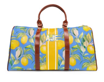 Monogram Weekender Duffle Bag, Personalized Bridesmaid Gift, Custom Monogrammed Overnight Bag with Lemon Print, Gift for Daughter Sleeopver