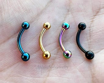 16g 14g Externally Threaded Eyebrow Ring Gold Black Rainbow Blue Plated on Surgical Steel Curved Barbell 8mm 10mm