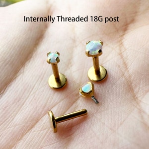 18g Gold Internally Threaded 2mm 2.5mm 3mm Synthetic Opal Stone Prong Set Tragus Triple Forward Helix 316L surgical steel ear studs