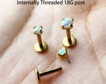 18g Gold Internally Threaded 2mm 2.5mm 3mm Synthetic Opal Stone Prong Set Tragus Triple Forward Helix 316L surgical steel ear studs