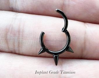 Black color 16g 14g 8mm 10mm Implant Grade Titanium Triple Spike Threat Hinged Segment Hoop Ring Daith Helix Septum Piercing