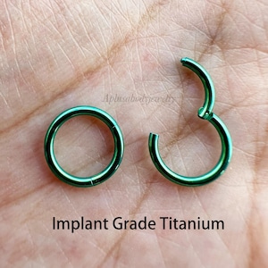Anillo de titanio de grado implante, color verde, 20 g, 18 g, 16 g, 14 g, con bisagras, segmento de clicker, aro nasal, pendiente Daith, cartílago, hélice, trago, perforación