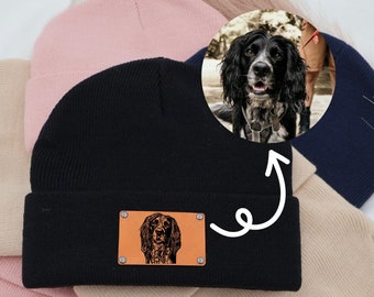 Personalized Leather Patch Beanies with Pet Portraits - Custom Beanie Hats with Pet Memorial - Newborn Toddler Youth Unisex Winter Hat