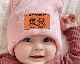 Bonnet personnalisé pour bébé avec écusson en cuir végétalien pour garçon fille, bonnets personnalisés pour bébé chiot avec nom d'enfant, cadeau pour nouveau-né, tout-petit, enfant