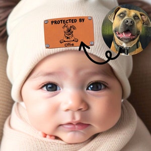 Custom Pet Portrait Protected By Baby Toddler Beanie with Vegan Leather Patch for Boy Girl, Personalized Baby Puppy Beanies with Name