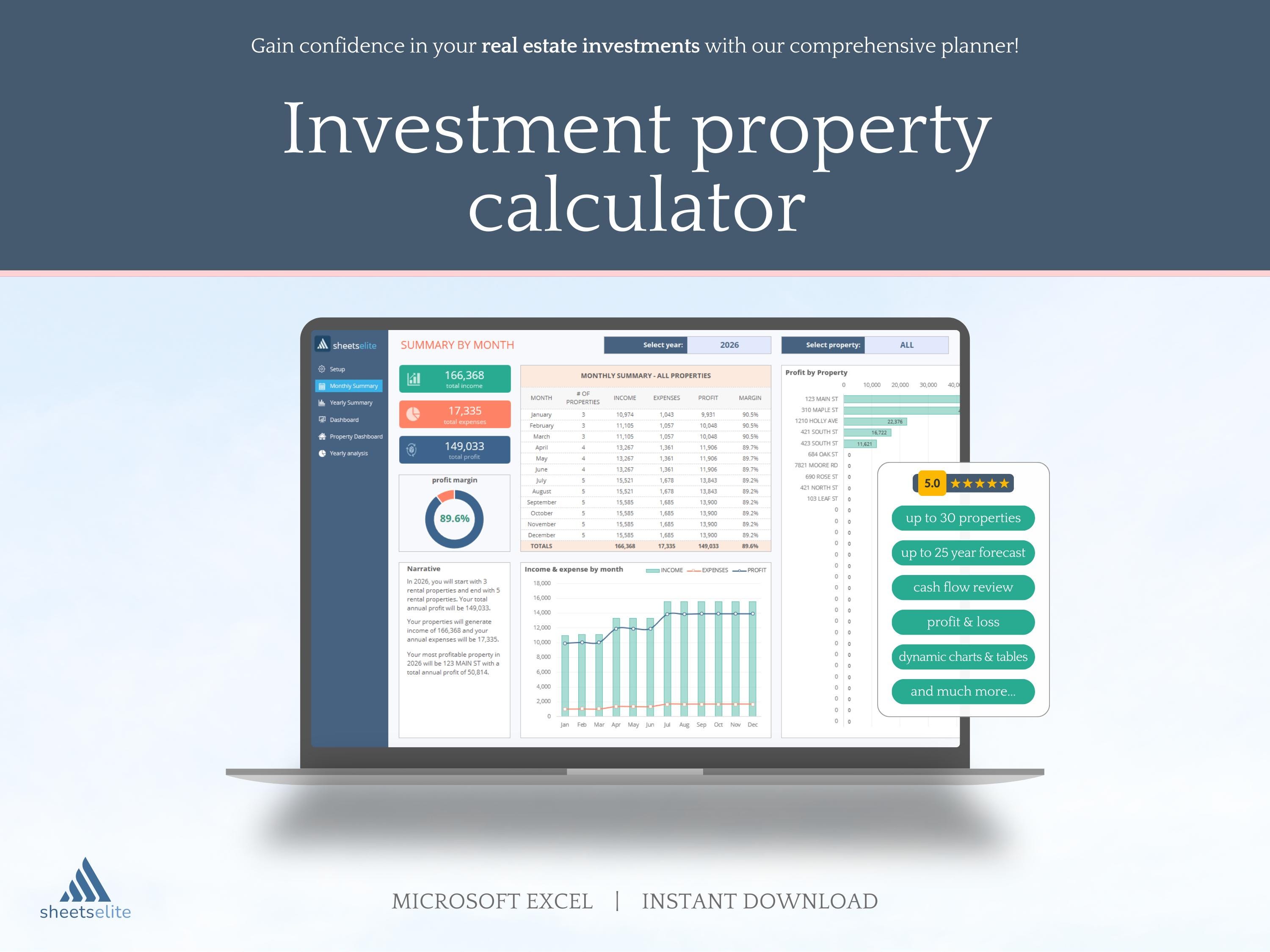 Investment property calculator ; Microsoft Excel ; Rental property ; Real estate investment ; Airbnb spreadsheet ; Landlord template