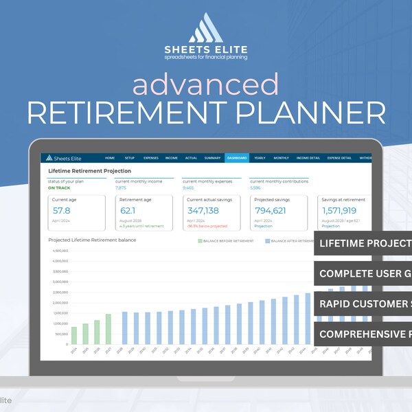 Advanced Retirement Planner using Microsoft Excel - Instant Downloadable Finance Planner - Digital Download - Spreadsheet Planner - Budget