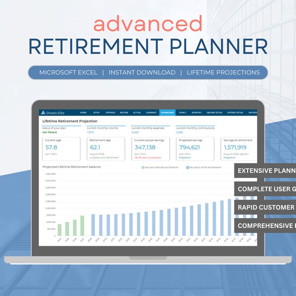 Advanced Retirement Planner using Microsoft Excel - Instant Downloadable Finance Planner - Digital Download - Spreadsheet Planner - Budget