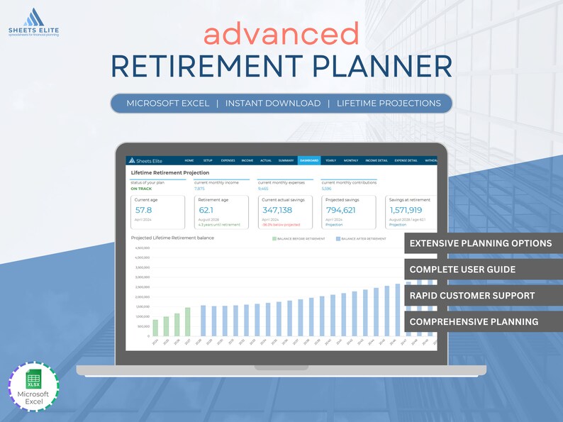 Advanced Retirement Planner using Microsoft Excel Instant Downloadable Finance Planner Digital Download Spreadsheet Planner Budget image 1