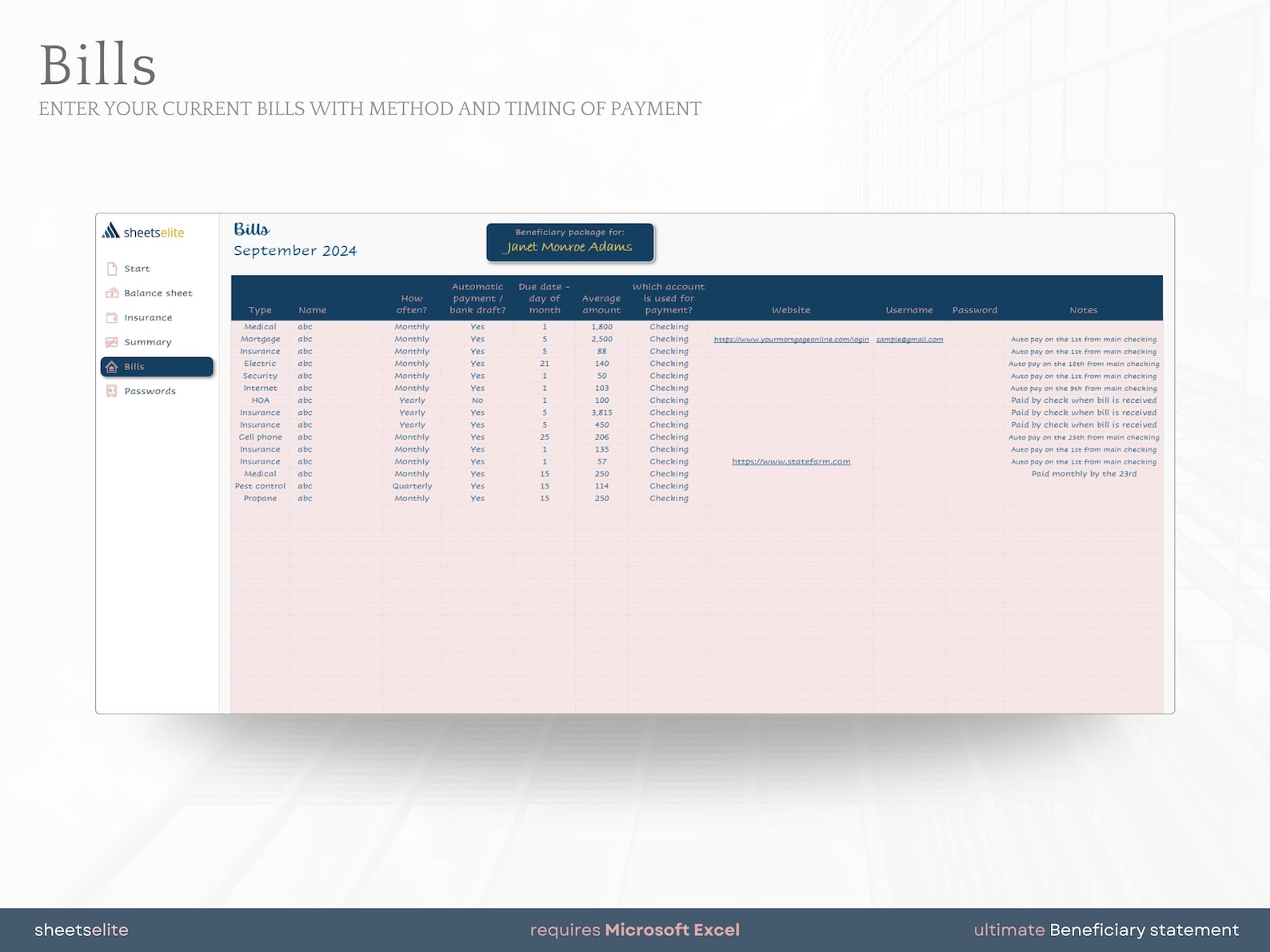 Ultimate Beneficiary Statement - Microsoft Excel - Instant Download ...