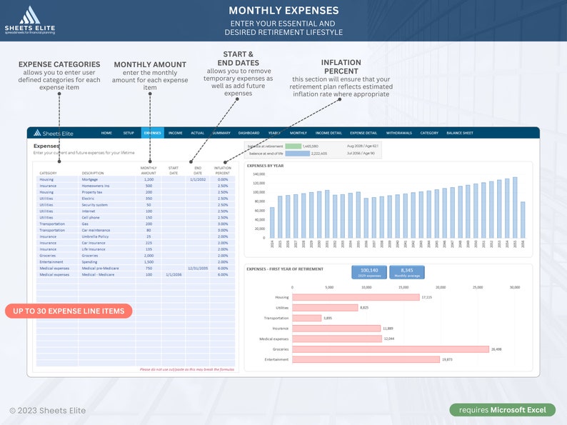 Advanced Retirement Planner using Microsoft Excel Instant Downloadable Finance Planner Digital Download Spreadsheet Planner Budget image 4