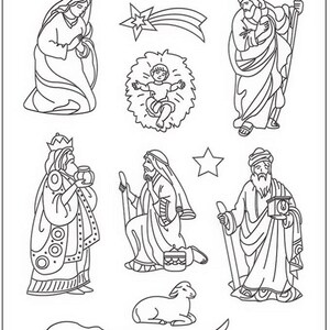 Puede incluir: Dibujo lineal en blanco y negro de figuras del pesebre, incluyendo a María, José, los Reyes Magos, el niño Jesús, una estrella, un cordero, una vaca y un burro. Las figuras están dispuestas sobre un fondo blanco.