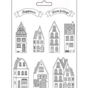 May include: Monochrome illustration featuring eight detailed house designs. The image includes banners with the words "Happiness" and "Warm feelings". The houses have different roof styles and window arrangements.