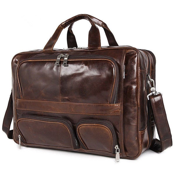 Versatile Genuine Leather bag, Large Full Grain Leather Briefcase, Business Men Briefcase, Travel Shoulder Bag, Lighter bag for hanging
