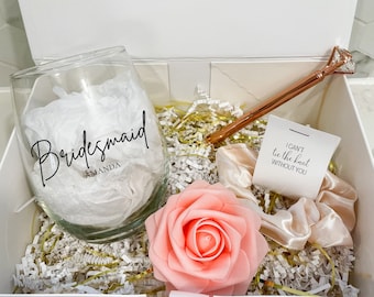 Bridesmaid Proposal | Gift for Best Friend | Custom Wine Glass | Satin Scrunchie | Rose Gold Pen | Bridesmaid Glass | Be My Bridesmaid