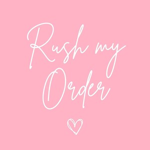 Pode incluir: Fundo rosa com texto branco que diz "Rush my Order" com um pequeno coração branco abaixo do texto.